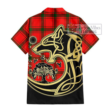 Darroch Tartan Short Sleeve Button Shirt with Family Crest Celtic Wolf Style