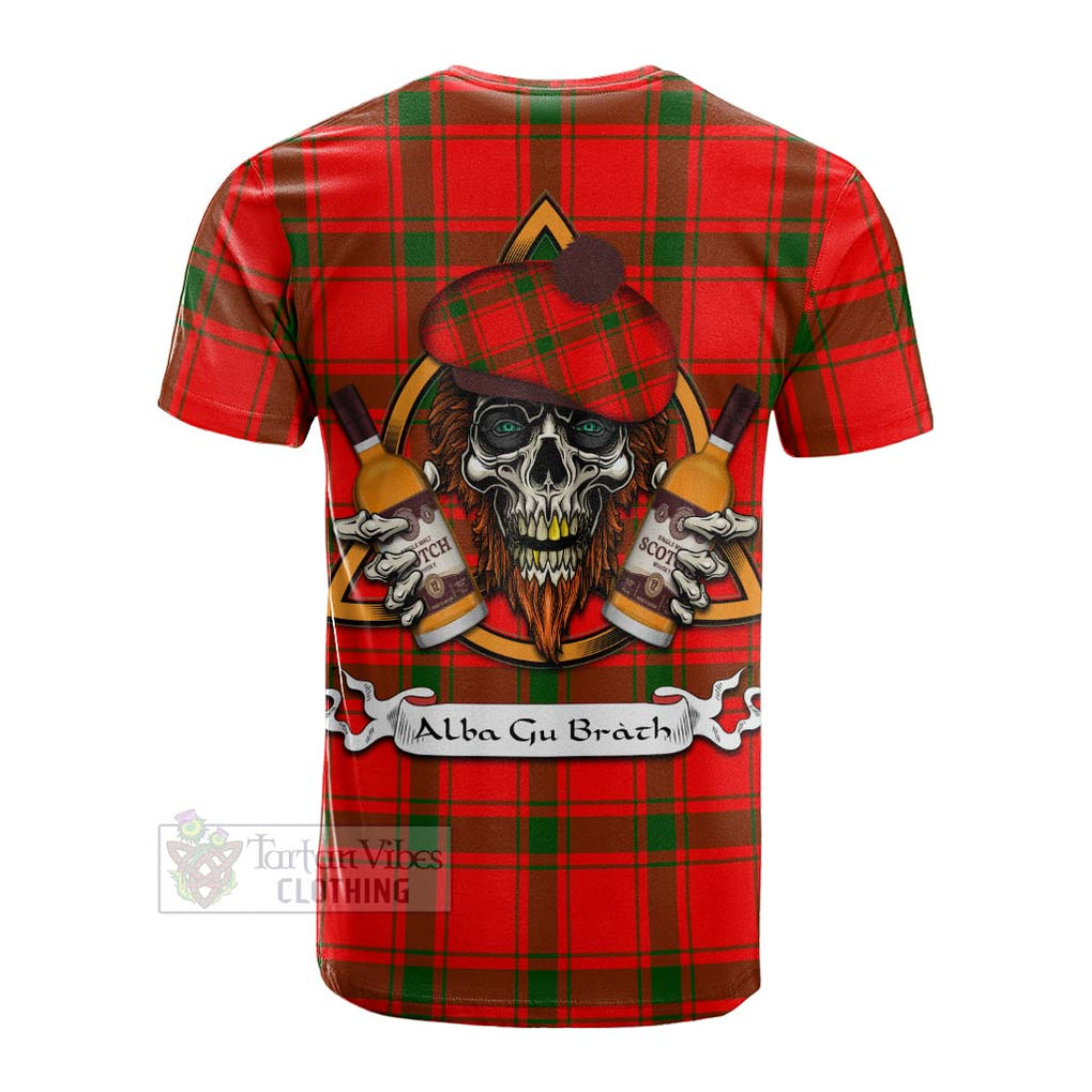 Tartan Vibes Clothing Darroch Tartan Cotton T-shirt with Family Crest and Bearded Skull Holding Bottles of Whiskey