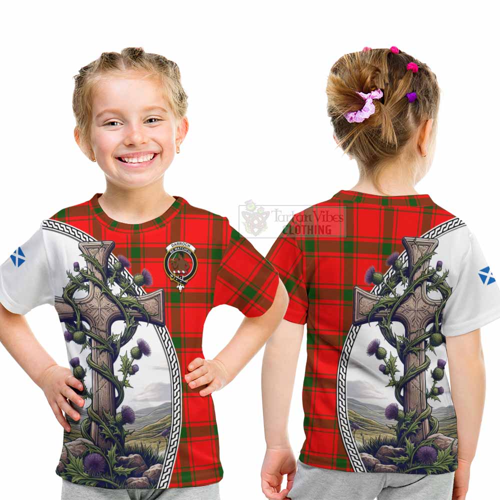 Tartan Vibes Clothing Darroch Tartan Kid T-Shirt with Family Crest and St. Andrew's Cross Accented by Thistle Vines