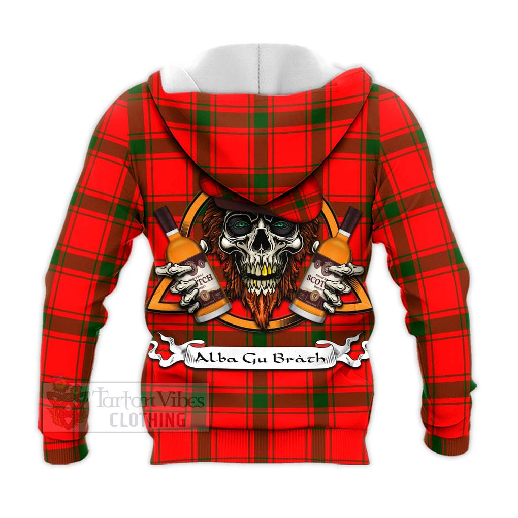 Tartan Vibes Clothing Darroch Tartan Knitted Hoodie with Family Crest and Bearded Skull Holding Bottles of Whiskey