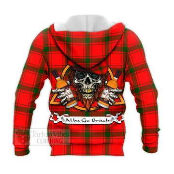 Darroch Tartan Knitted Hoodie with Family Crest and Bearded Skull Holding Bottles of Whiskey