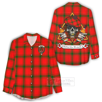 Darroch Tartan Women's Casual Shirt with Family Crest and Bearded Skull Holding Bottles of Whiskey