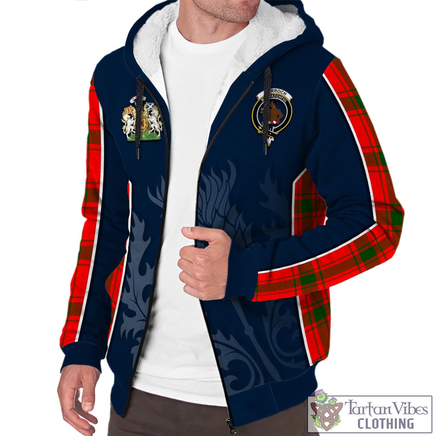 Tartan Vibes Clothing Darroch Tartan Sherpa Hoodie with Family Crest and Scottish Thistle Vibes Sport Style