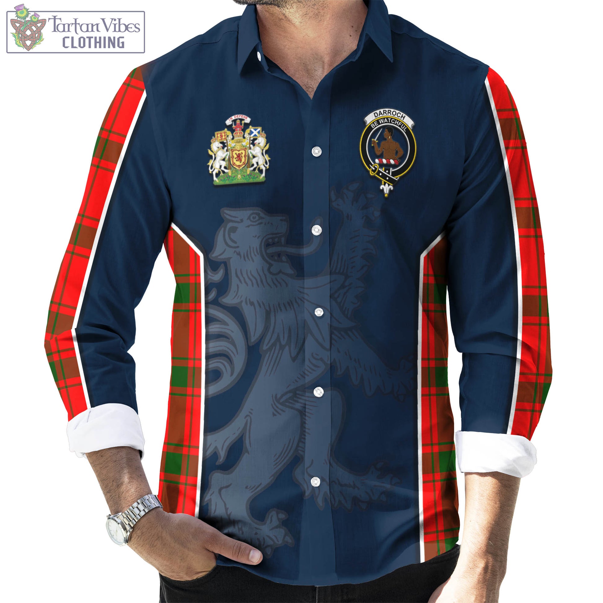 Tartan Vibes Clothing Darroch Tartan Long Sleeve Button Up Shirt with Family Crest and Lion Rampant Vibes Sport Style