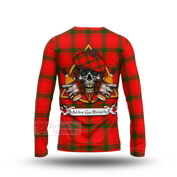 Darroch Tartan Long Sleeve T-Shirt with Family Crest and Bearded Skull Holding Bottles of Whiskey - Tartan Vibes Clothing