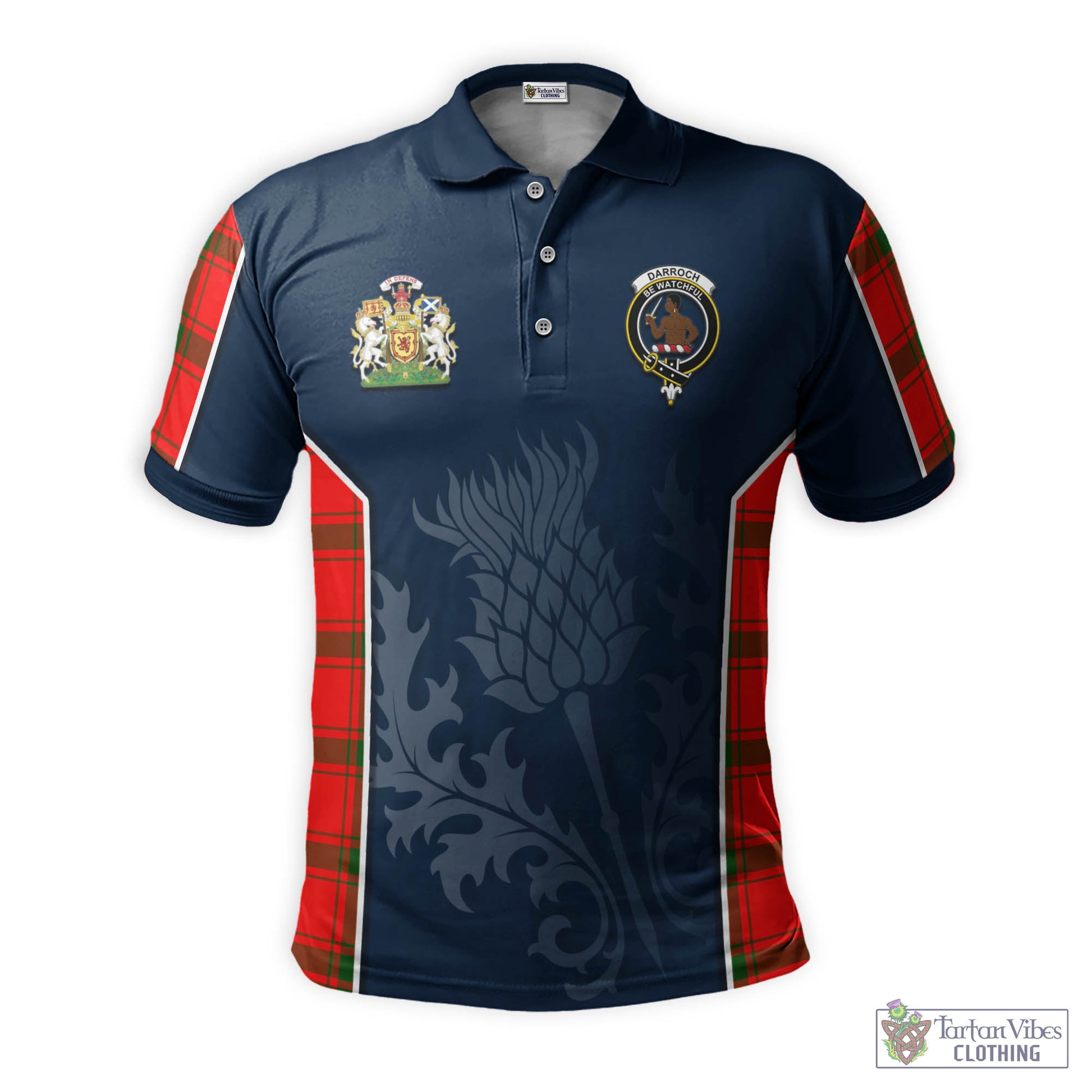 Tartan Vibes Clothing Darroch Tartan Men's Polo Shirt with Family Crest and Scottish Thistle Vibes Sport Style