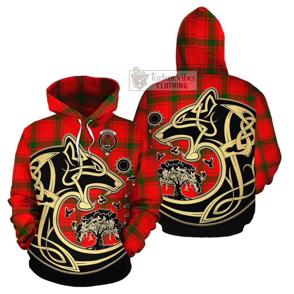 Tartan Vibes Clothing Darroch Tartan Cotton Hoodie with Family Crest Celtic Wolf Style