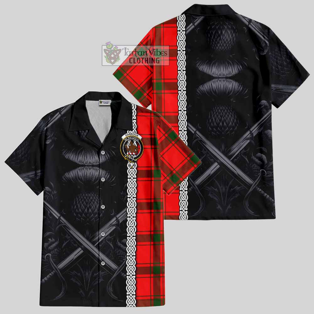 Tartan Vibes Clothing Darroch Tartan Short Sleeve Button Shirt with Family Crest Cross Sword Thistle Celtic Vibes