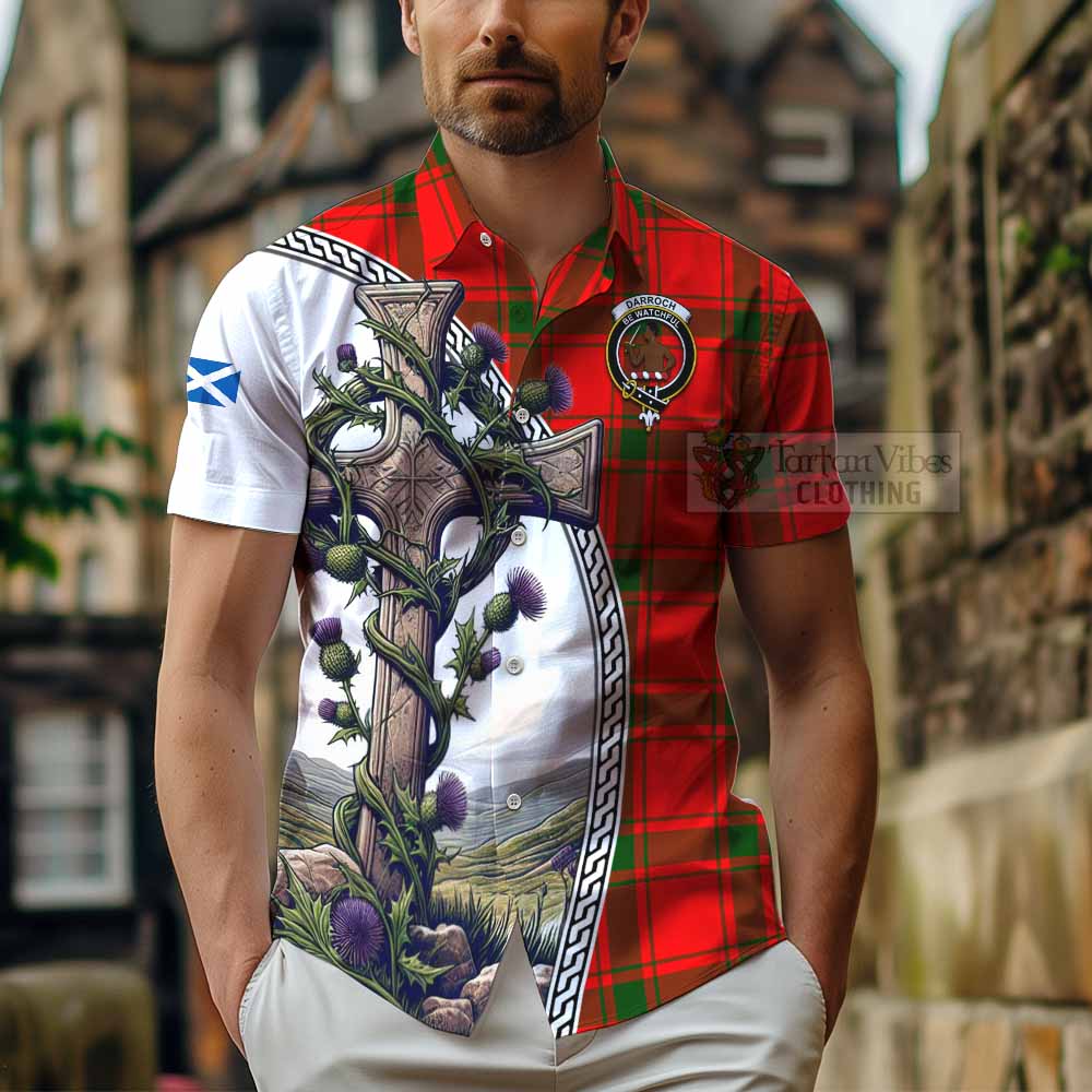 Tartan Vibes Clothing Darroch Tartan Short Sleeve Button Shirt with Family Crest and St. Andrew's Cross Accented by Thistle Vines