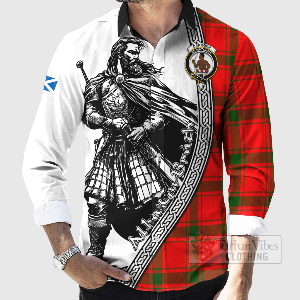 Tartan Vibes Clothing Darroch Tartan Clan Crest Long Sleeve Button Shirt with Highlander Warrior Celtic Style