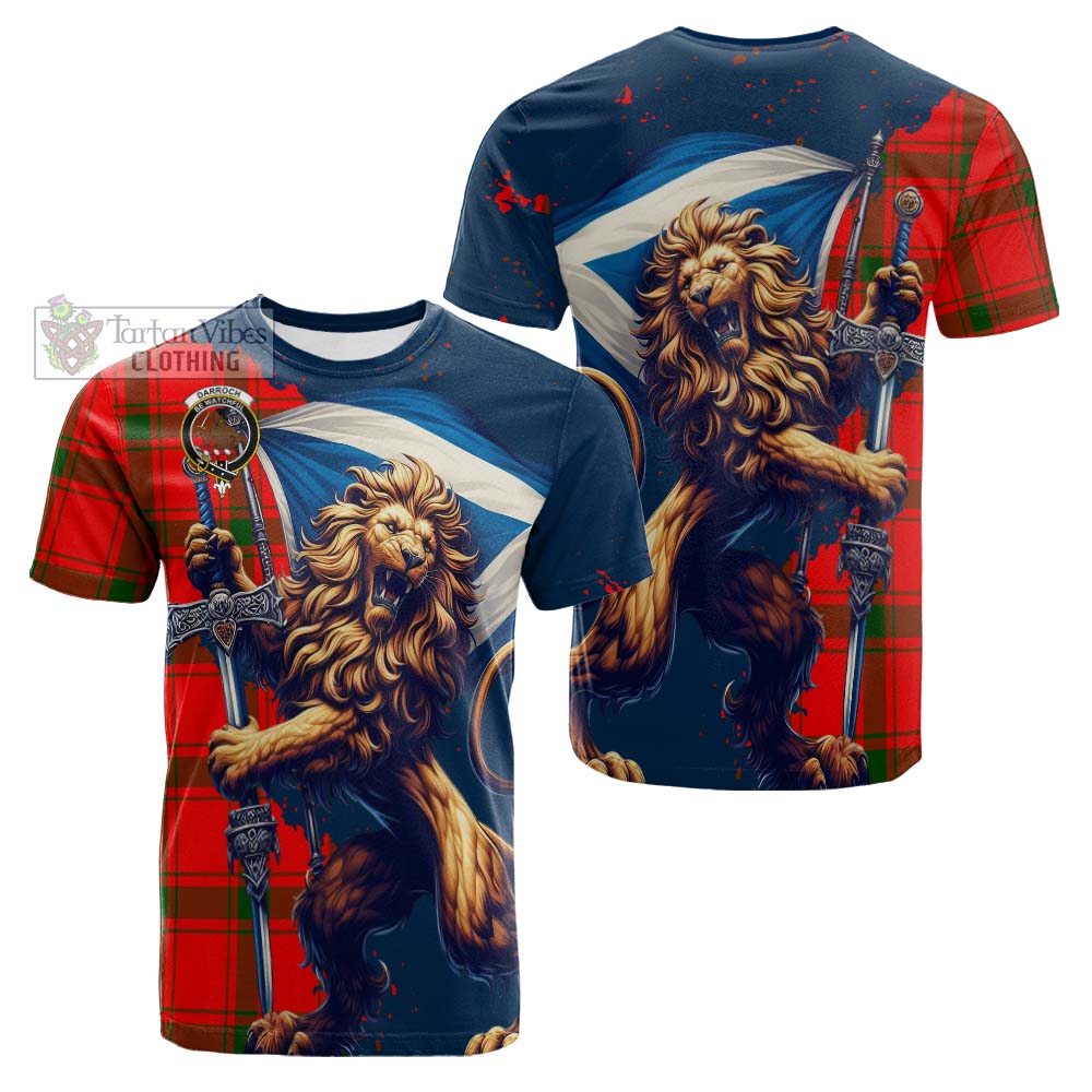 Tartan Vibes Clothing Darroch Tartan Family Crest Cotton T-shirt with Scottish Majestic Lion