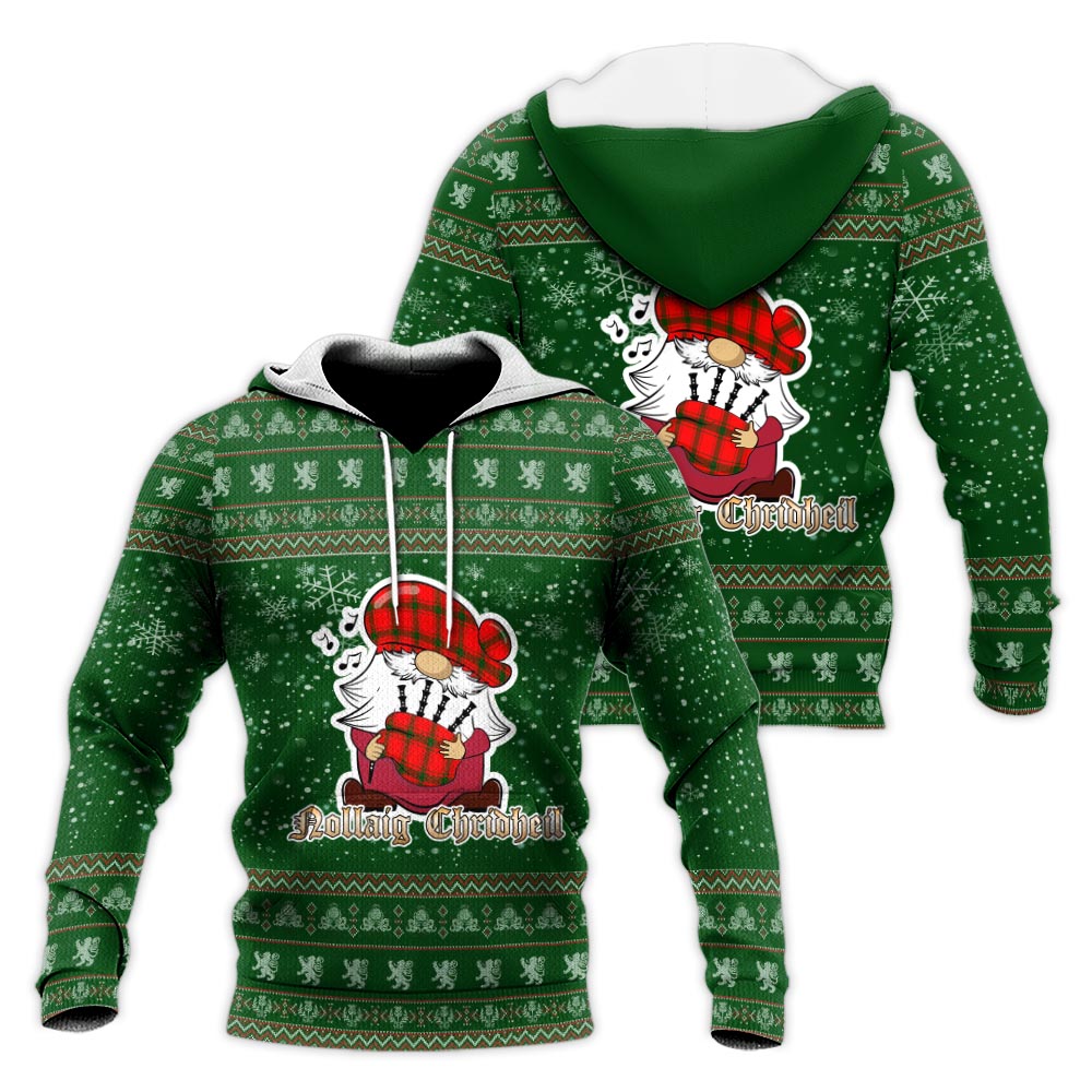 Darroch Clan Christmas Knitted Hoodie with Funny Gnome Playing Bagpipes Green - Tartanvibesclothing
