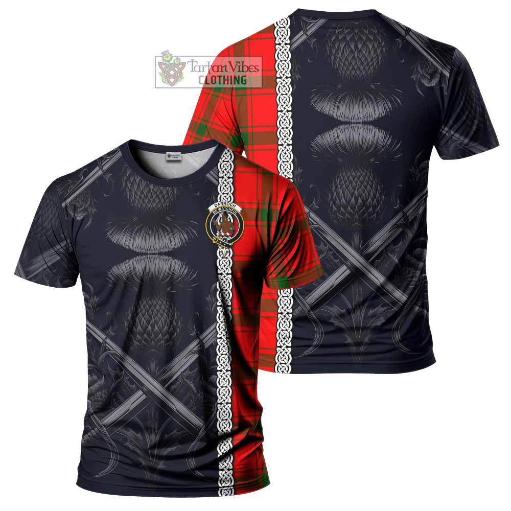 Tartan Vibes Clothing Darroch Tartan T-Shirt with Family Crest Cross Sword Thistle Celtic Vibes