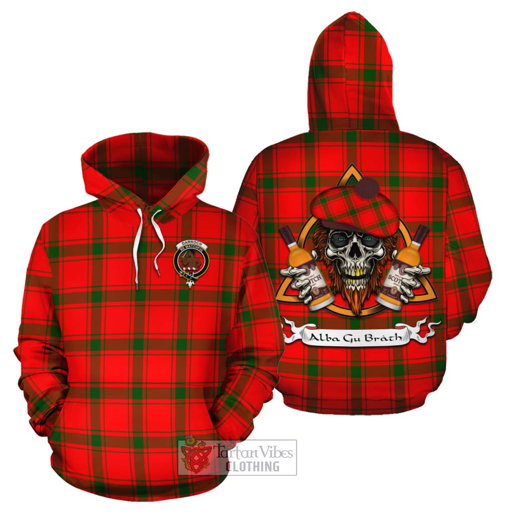 Tartan Vibes Clothing Darroch Tartan Cotton Hoodie with Family Crest and Bearded Skull Holding Bottles of Whiskey