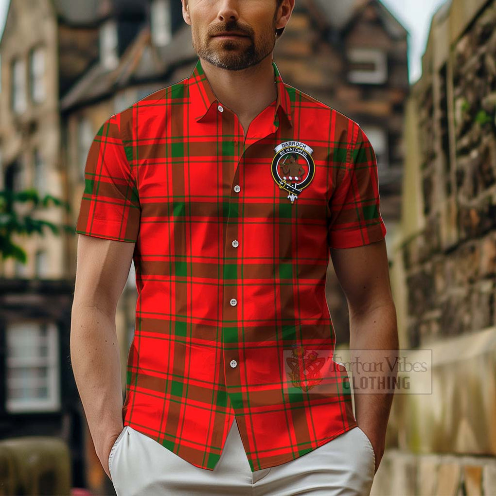 Tartan Vibes Clothing Darroch Tartan Short Sleeve Button Shirt with Family Crest Celtic Skull Style