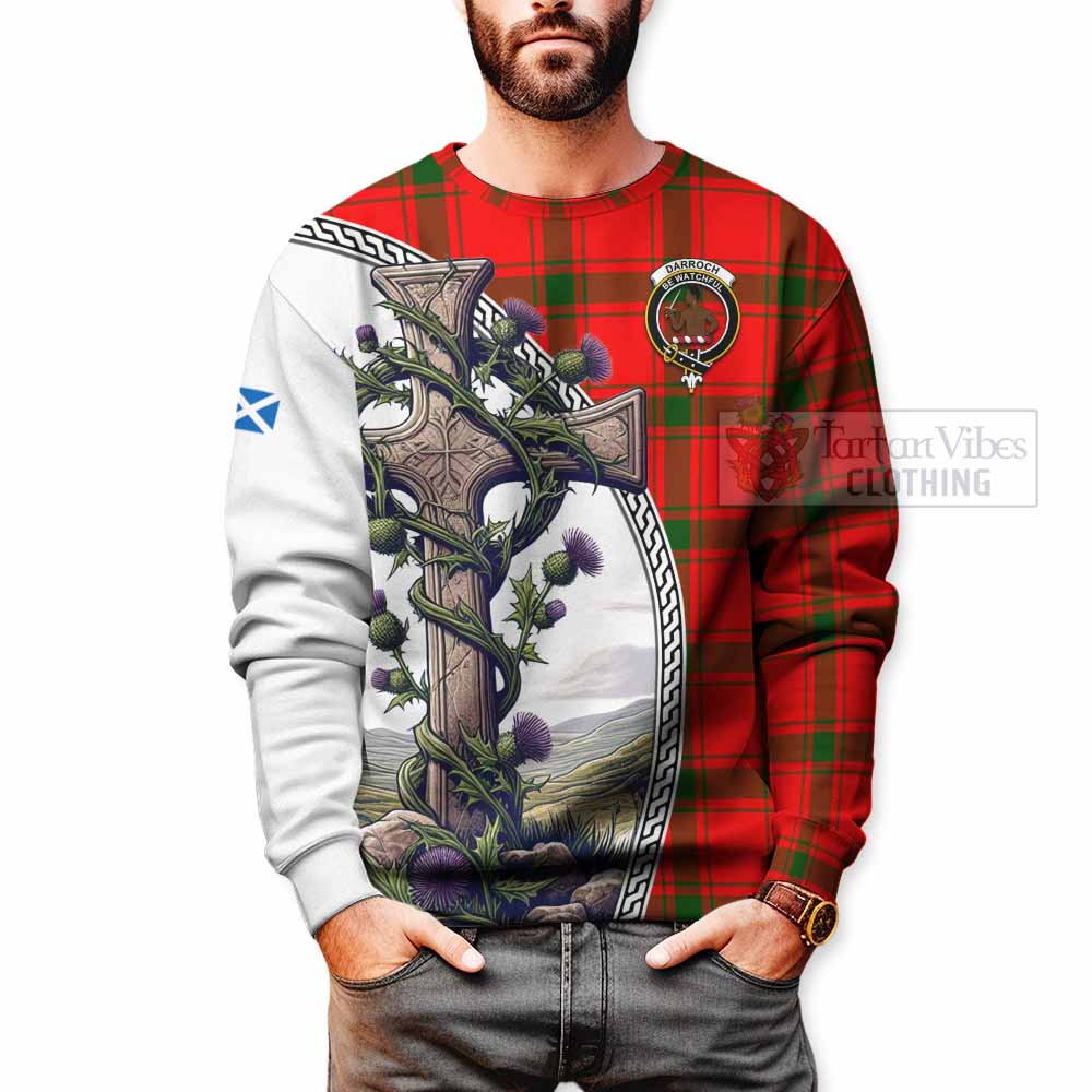 Tartan Vibes Clothing Darroch Tartan Sweatshirt with Family Crest and St. Andrew's Cross Accented by Thistle Vines