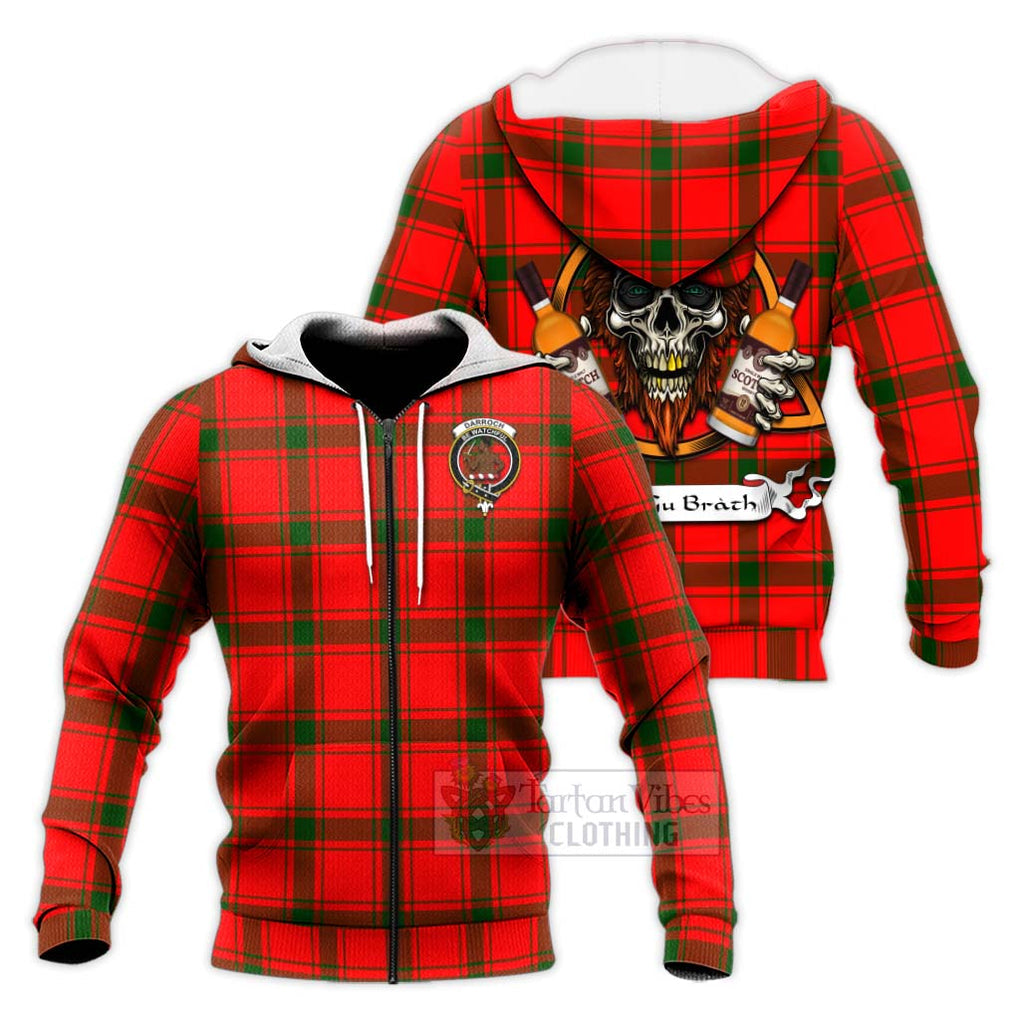 Tartan Vibes Clothing Darroch Tartan Knitted Hoodie with Family Crest and Bearded Skull Holding Bottles of Whiskey