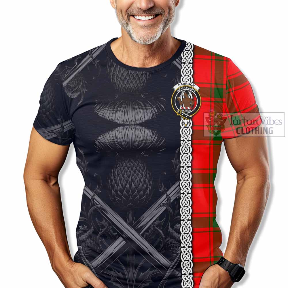 Tartan Vibes Clothing Darroch Tartan T-Shirt with Family Crest Cross Sword Thistle Celtic Vibes