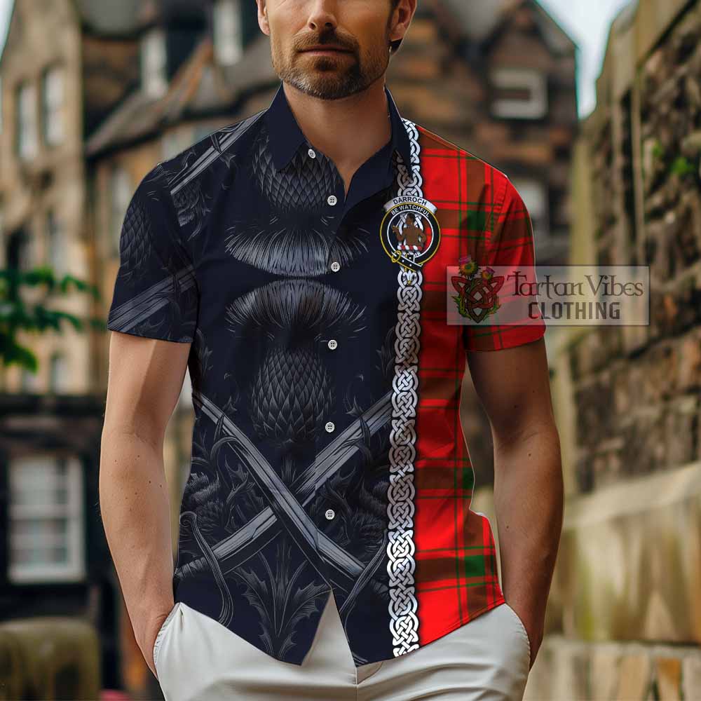 Tartan Vibes Clothing Darroch Tartan Short Sleeve Button Shirt with Family Crest Cross Sword Thistle Celtic Vibes