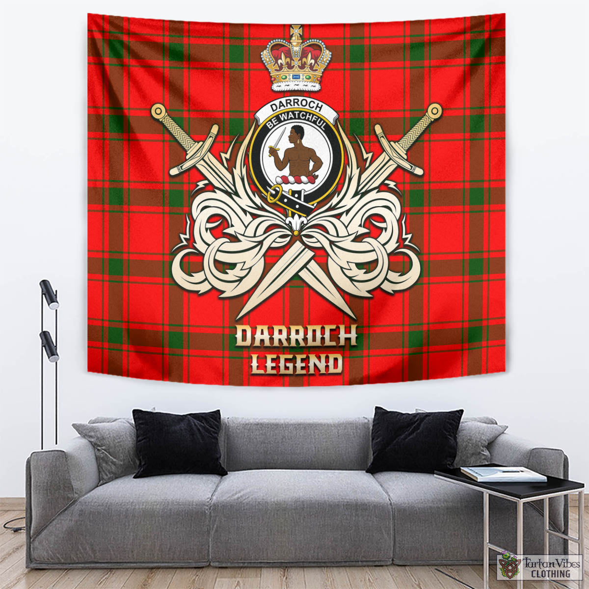 Tartan Vibes Clothing Darroch Tartan Tapestry with Clan Crest and the Golden Sword of Courageous Legacy