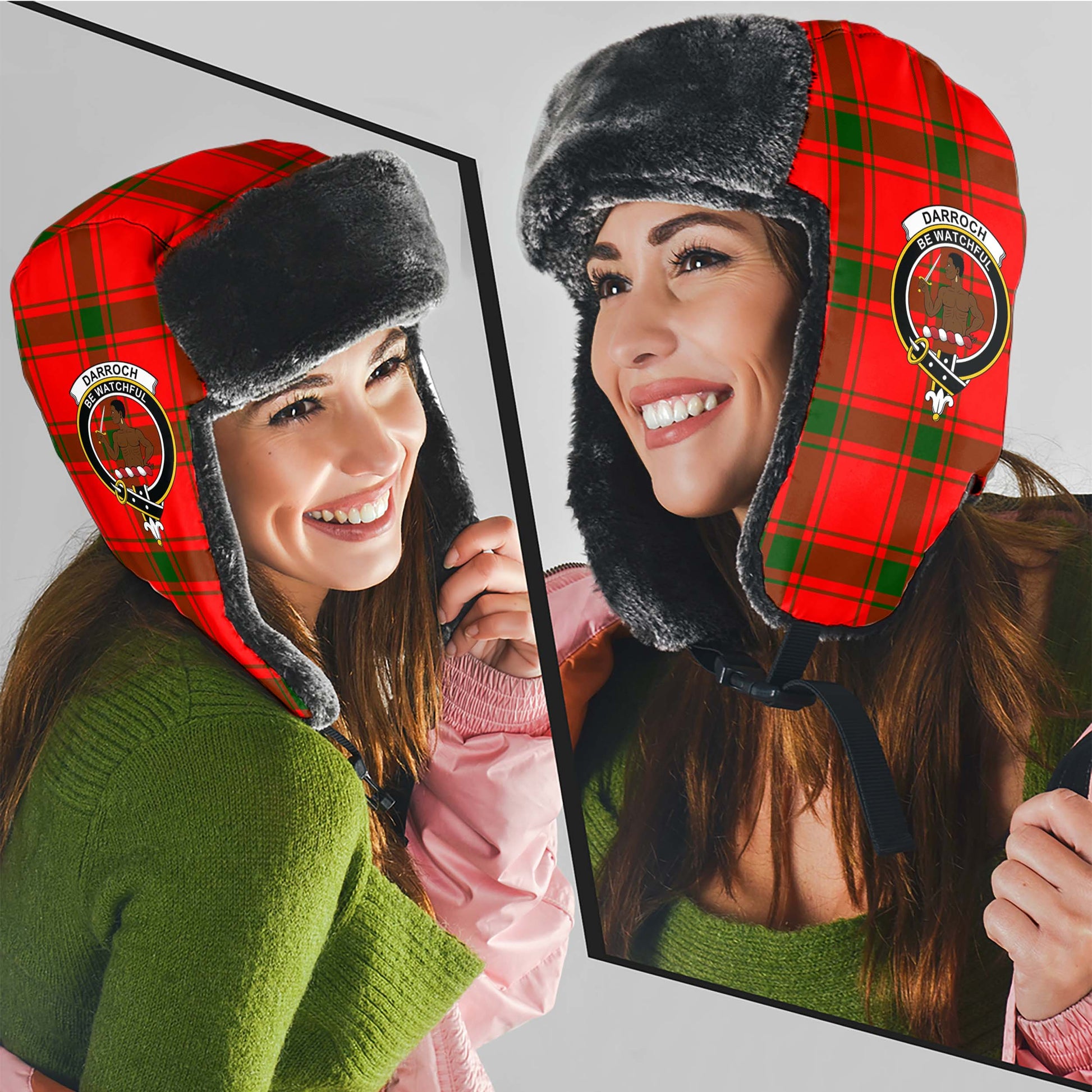 Darroch Tartan Winter Trapper Hat with Family Crest - Tartanvibesclothing