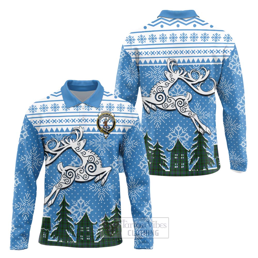Davidson Clan Christmas Long Sleeve Polo Shirt Celtic Reindeer Style Unisex - Tartan Vibes Clothing