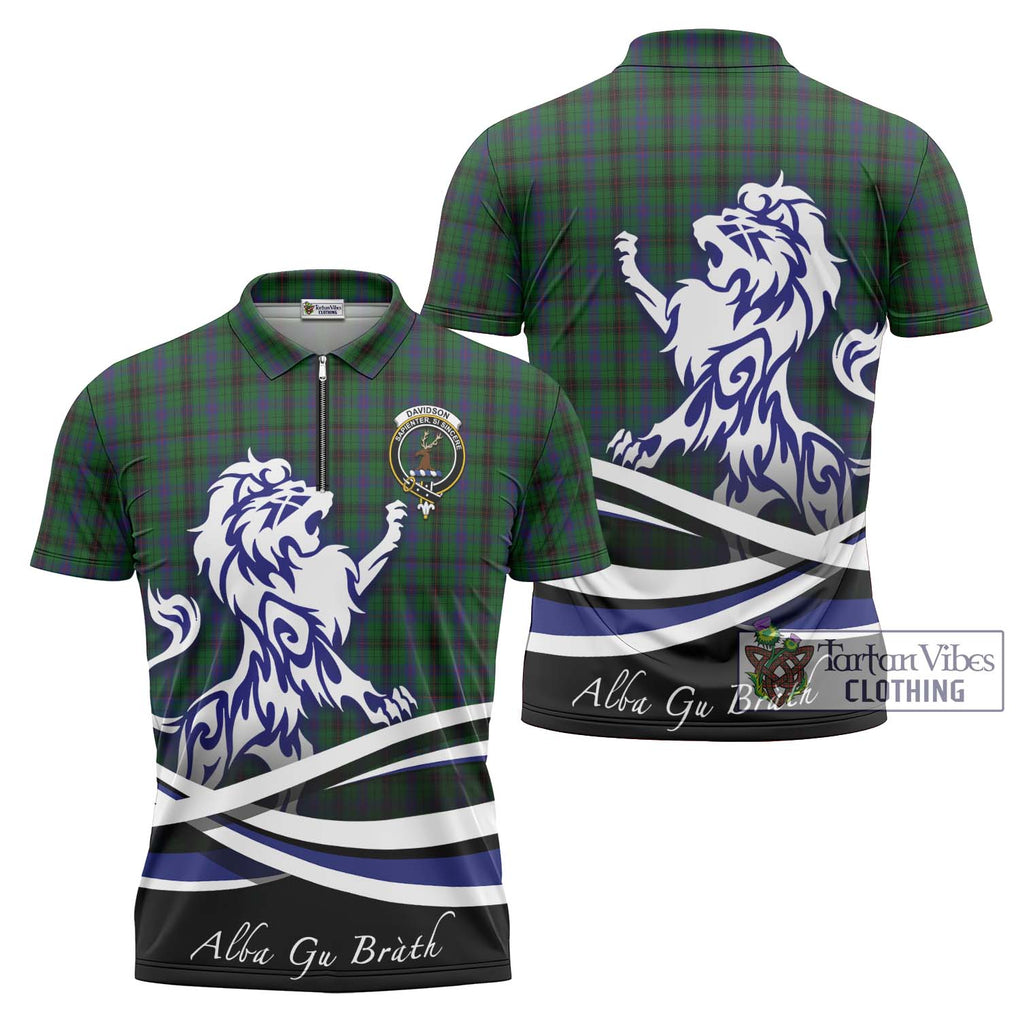 Davidson Tartan Zipper Polo Shirt with Alba Gu Brath Regal Lion Emblem Unisex - Tartanvibesclothing Shop