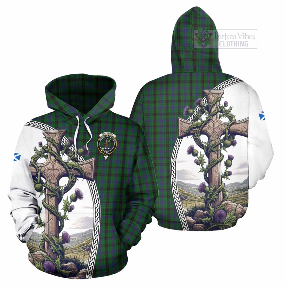 Tartan Vibes Clothing Davidson Tartan Hoodie with Family Crest and St. Andrew's Cross Accented by Thistle Vines