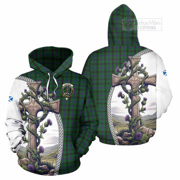 Davidson Tartan Hoodie with Family Crest and St. Andrew's Cross Accented by Thistle Vines