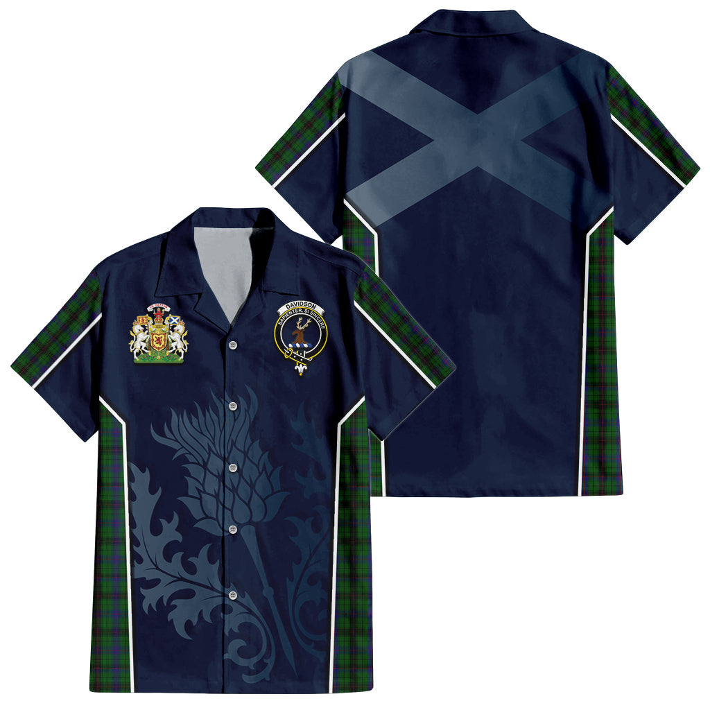 Tartan Vibes Clothing Davidson Tartan Short Sleeve Button Up Shirt with Family Crest and Scottish Thistle Vibes Sport Style