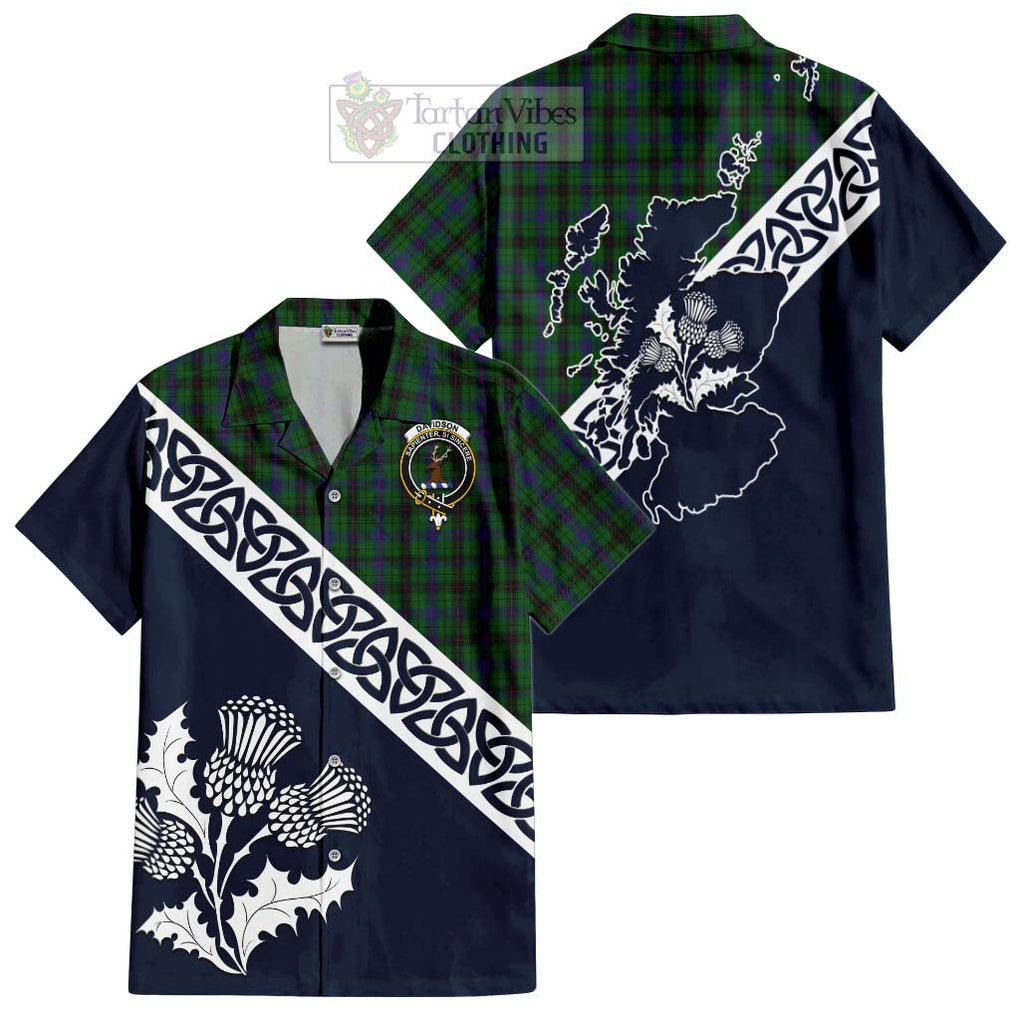 Tartan Vibes Clothing Davidson Tartan Short Sleeve Button Shirt Featuring Thistle and Scotland Map