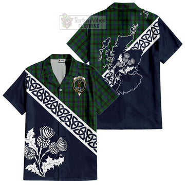 Davidson Tartan Short Sleeve Button Shirt Featuring Thistle and Scotland Map