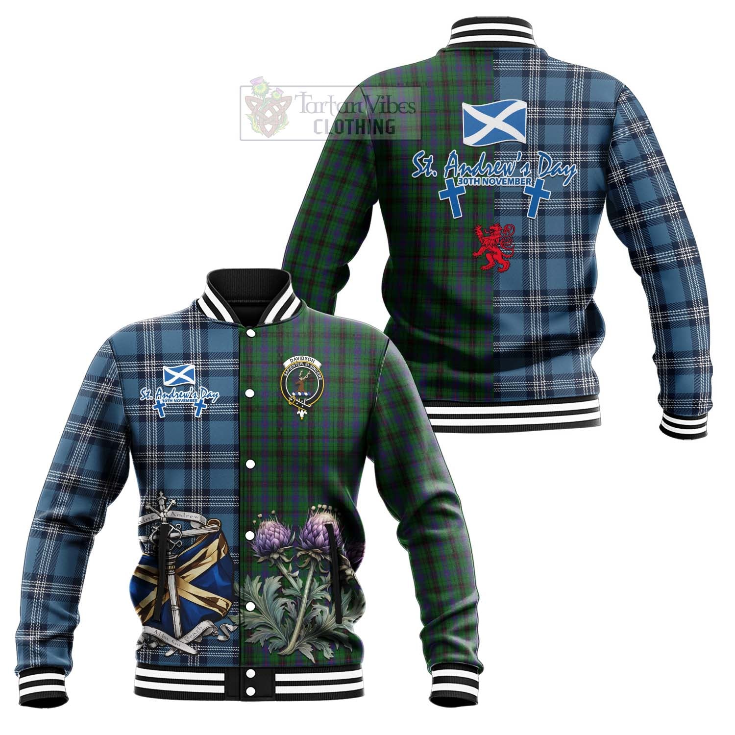 Tartan Vibes Clothing Davidson Tartan Baseball Jacket Happy St. Andrew's Day Half Tartan Style