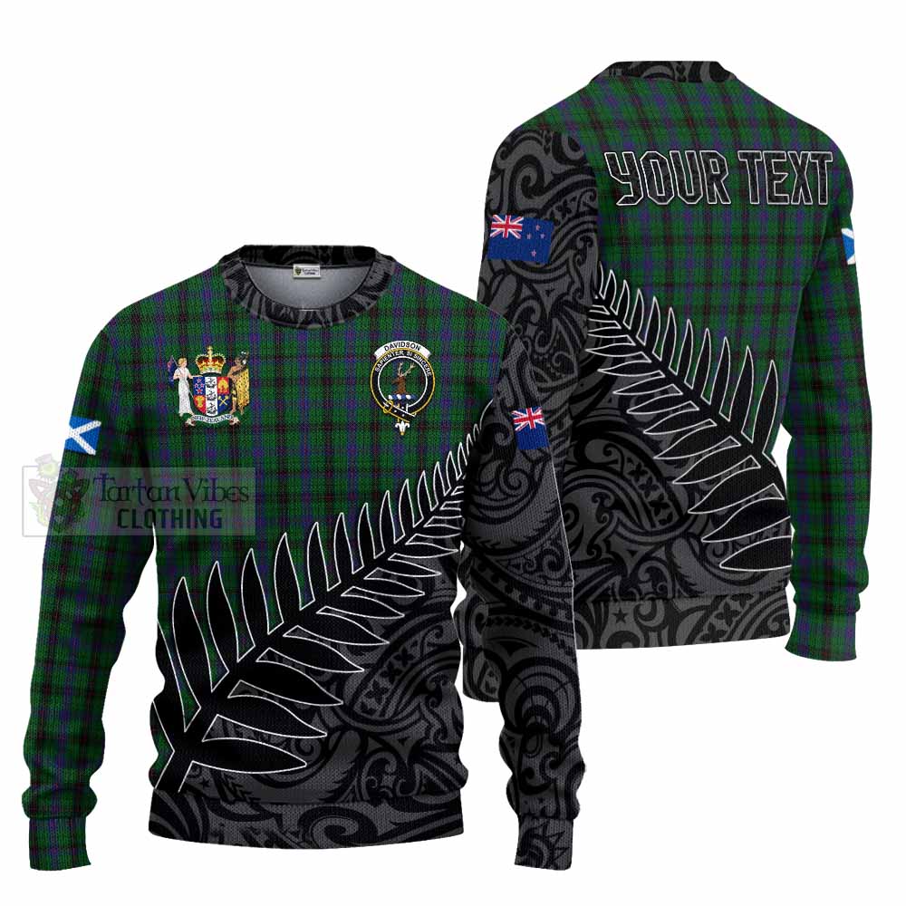 Tartan Vibes Clothing Davidson Crest Tartan Knitted Sweater with New Zealand Silver Fern Half Style