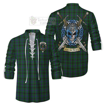 Davidson Tartan Ghillie Kilt Shirt with Family Crest Celtic Skull Style