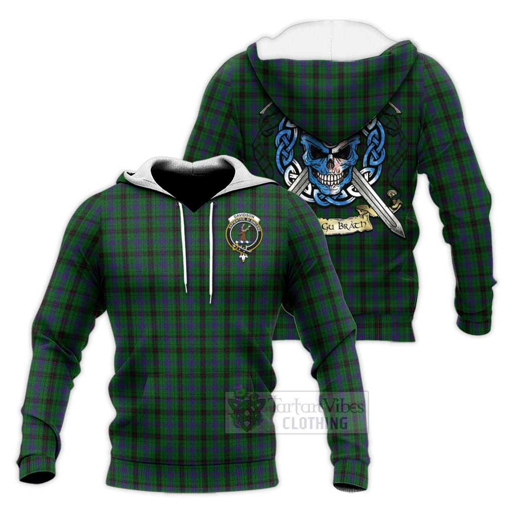 Tartan Vibes Clothing Davidson Tartan Knitted Hoodie with Family Crest Celtic Skull Style