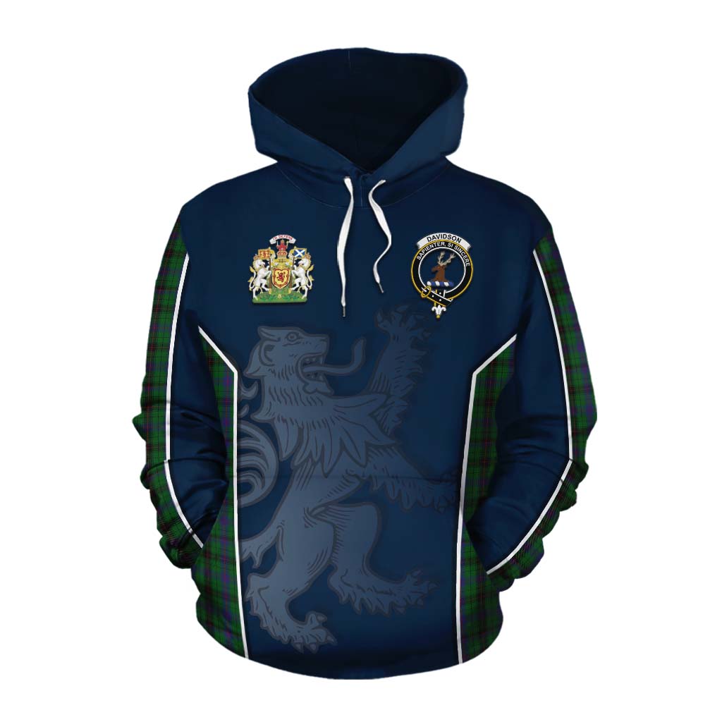 Tartan Vibes Clothing Davidson Tartan Cotton Hoodie with Family Crest and Lion Rampant Vibes Sport Style