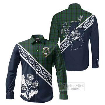 Davidson Tartan Long Sleeve Button Shirt Featuring Thistle and Scotland Map Men's Shirt S - Tartan Vibes Clothing