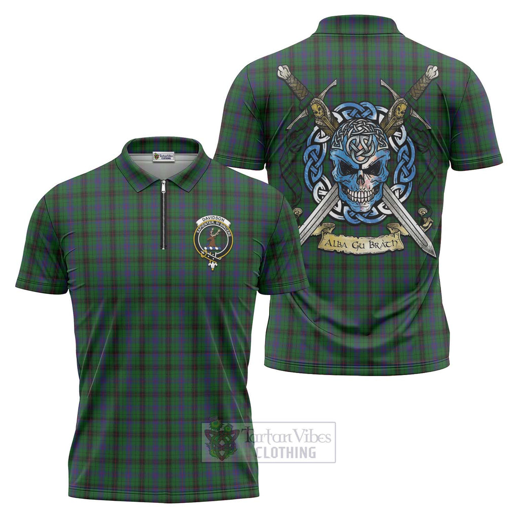 Tartan Vibes Clothing Davidson Tartan Zipper Polo Shirt with Family Crest Celtic Skull Style