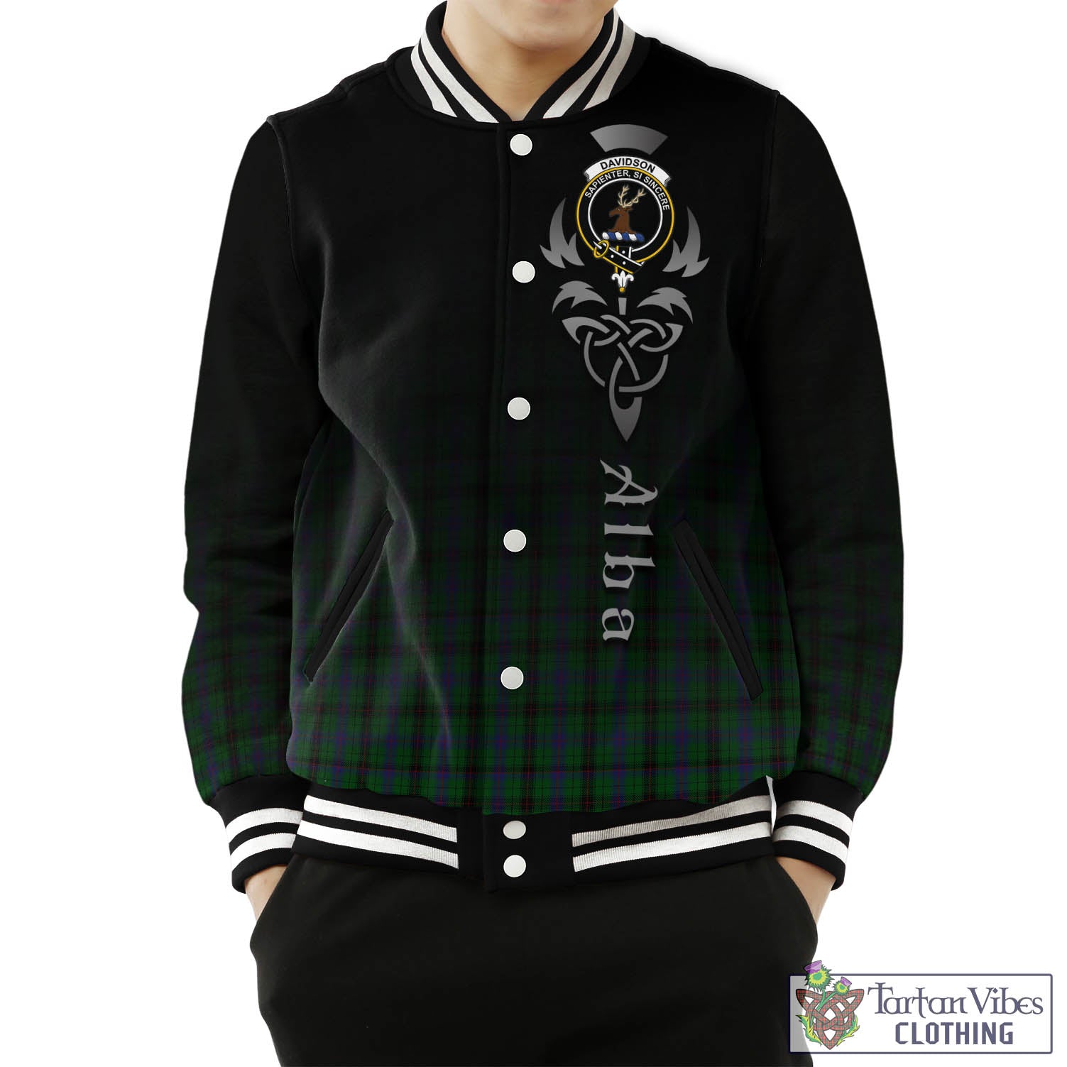 Tartan Vibes Clothing Davidson Tartan Baseball Jacket Featuring Alba Gu Brath Family Crest Celtic Inspired