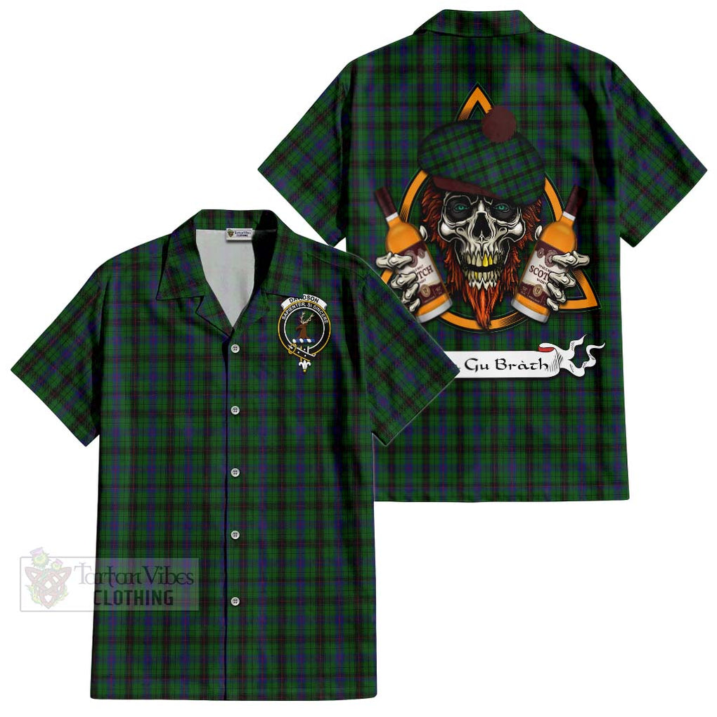 Tartan Vibes Clothing Davidson Tartan Short Sleeve Button Shirt with Family Crest and Bearded Skull Holding Bottles of Whiskey