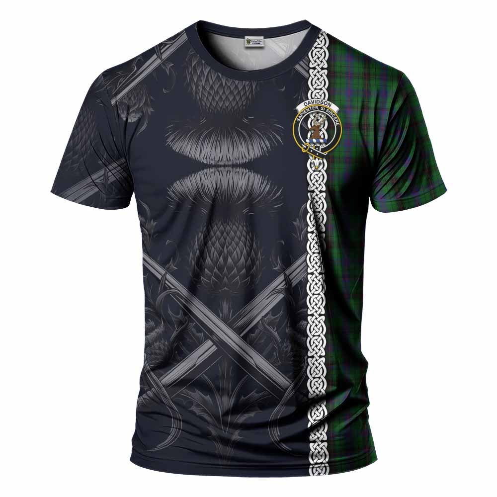 Tartan Vibes Clothing Davidson Tartan T-Shirt with Family Crest Cross Sword Thistle Celtic Vibes