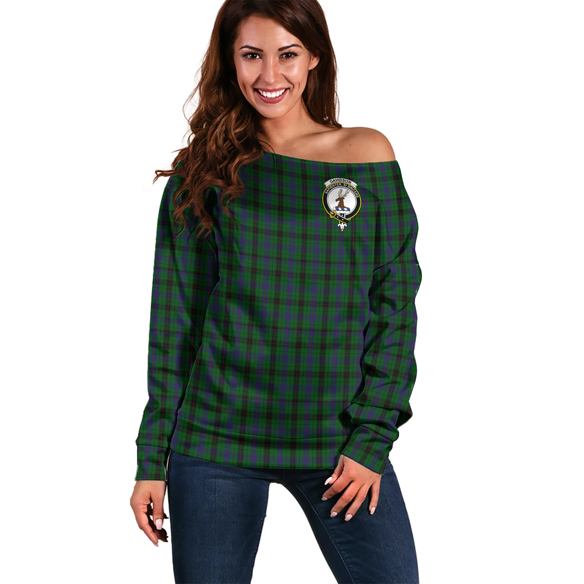 Davidson Tartan Off Shoulder Women Sweater with Family Crest Women - Tartan Vibes Clothing