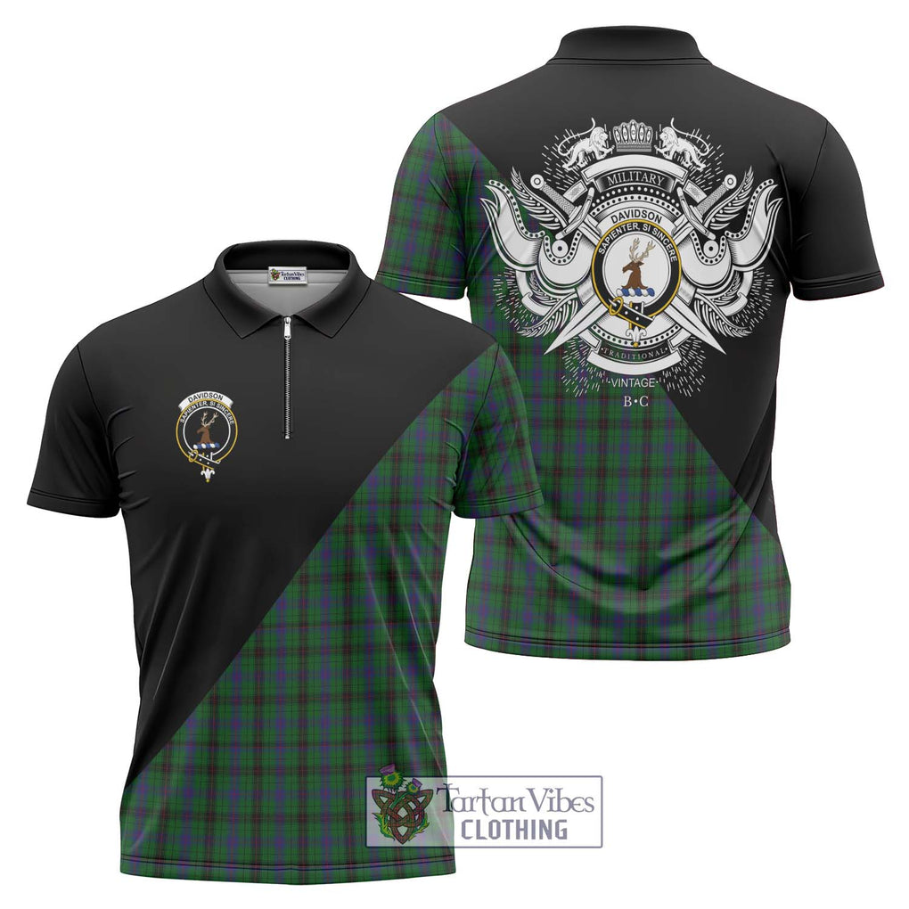 Davidson Tartan Zipper Polo Shirt with Family Crest and Military Logo Style Unisex - Tartanvibesclothing Shop