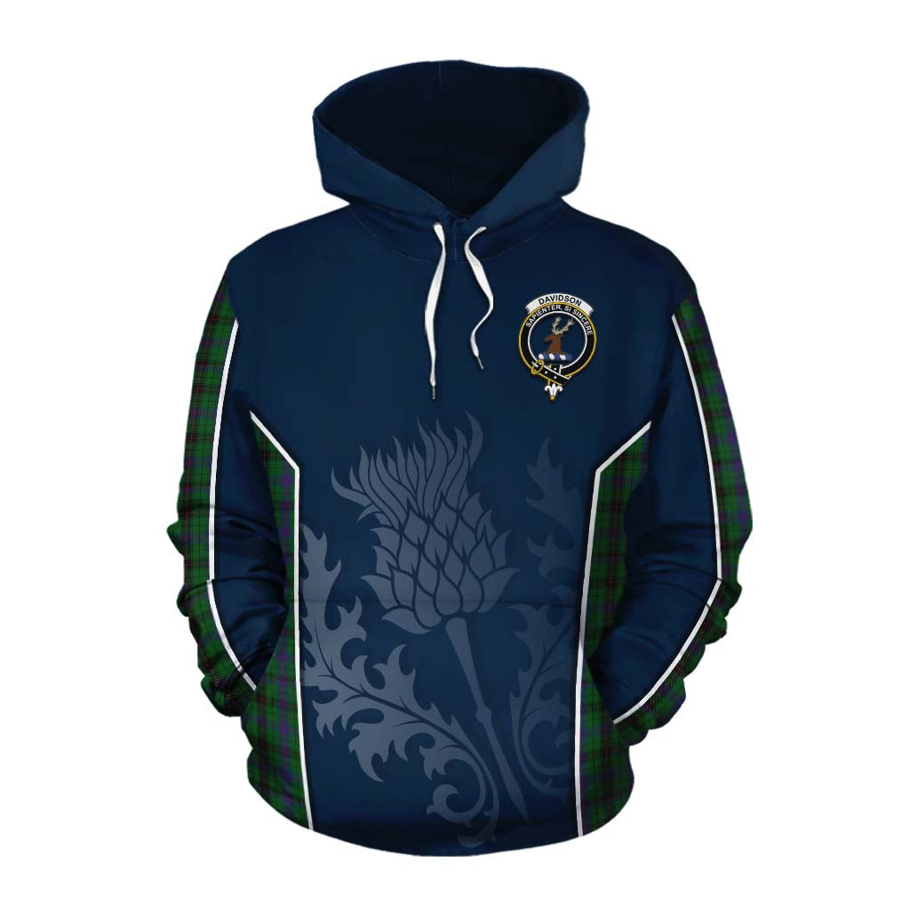 Tartan Vibes Clothing Davidson Tartan Cotton Hoodie with Family Crest and Scottish Thistle Vibes Sport Style