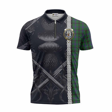 Davidson Tartan Zipper Polo Shirt with Family Crest Cross Sword Thistle Celtic Vibes