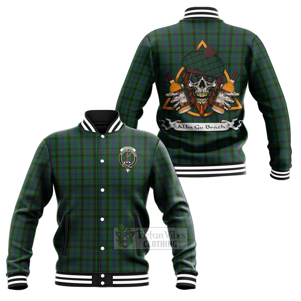 Tartan Vibes Clothing Davidson Tartan Baseball Jacket with Family Crest and Bearded Skull Holding Bottles of Whiskey