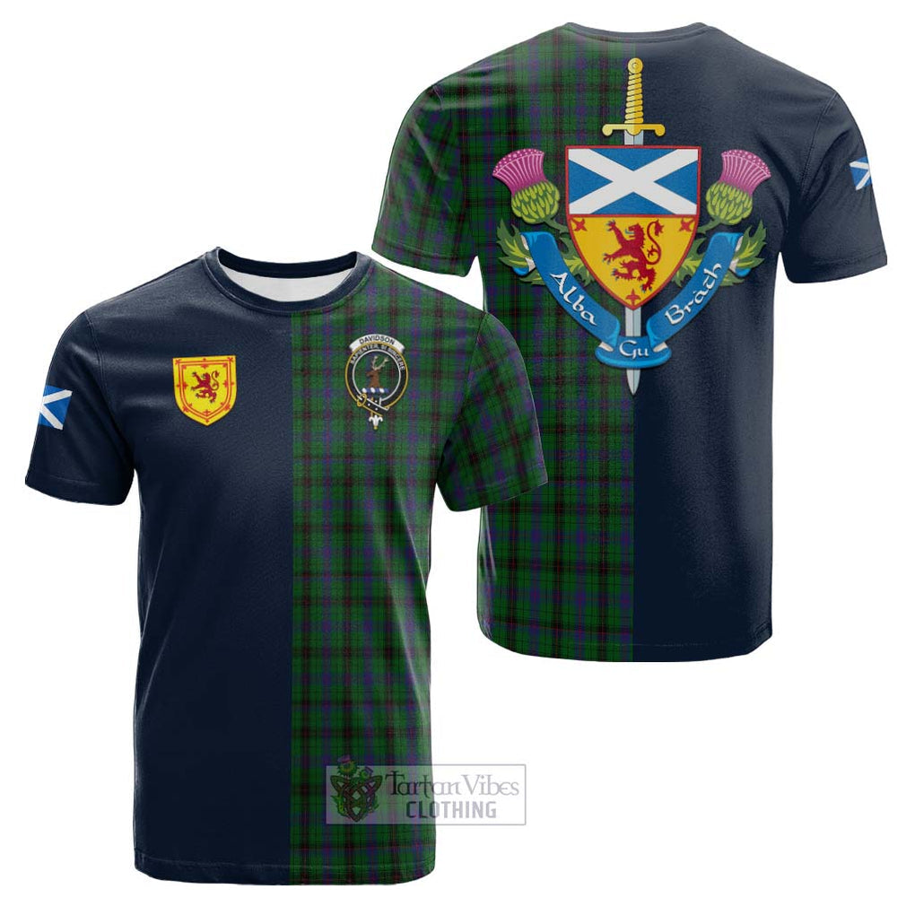 Tartan Vibes Clothing Davidson Tartan Cotton T-shirt with Scottish Lion Royal Arm Half Style