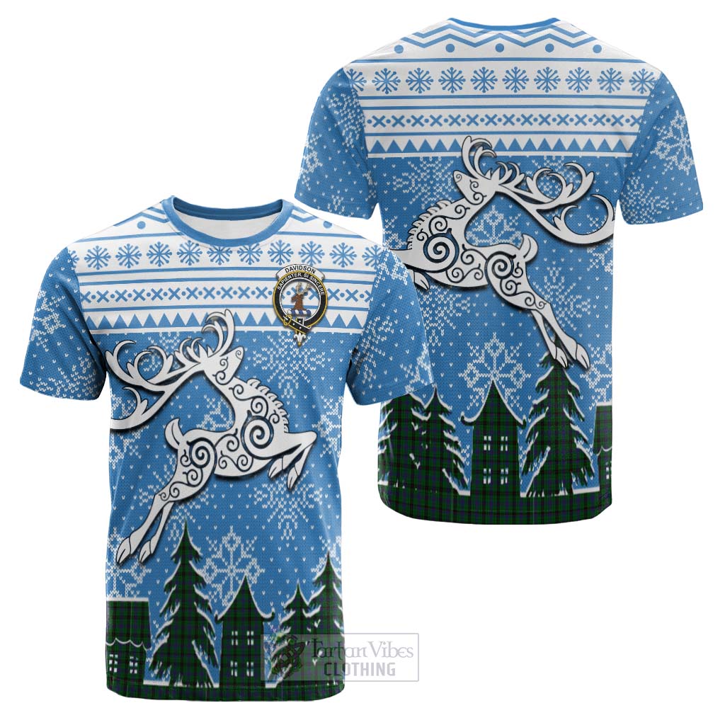 Tartan Vibes Clothing Davidson Clan Christmas Cotton T-shirt Celtic Reindeer Style