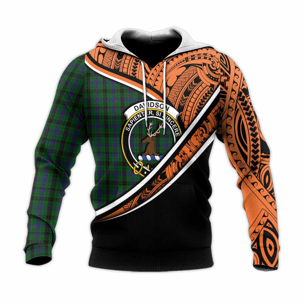 Tartan Vibes Clothing Davidson Crest Tartan Knitted Hoodie with Maori Tattoo Style - Orange Version